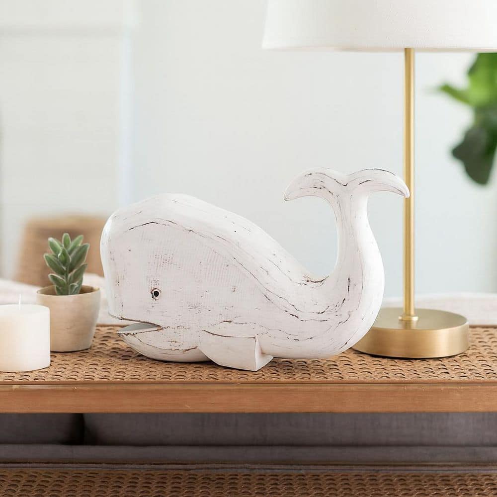 Liv & Skye White 15 in. x 9 in. Wood Whale Figurine 19004 - The