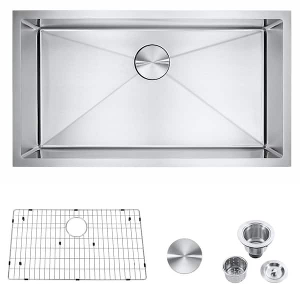 Unbranded Brushed Nickel Stainless Steel 32 in. x 18 in. Single Bowl Undermount Kitchen Sink with Bottom Grid