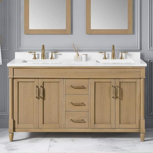 Salisbury 60 in. Double Sink  Natural Birch Bath Vanity with White Engineered Marble Top