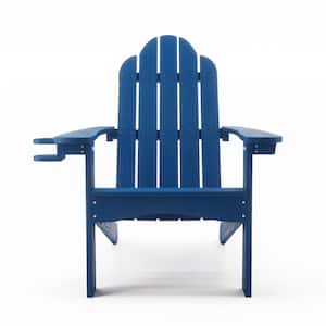 Classic Blue Plastic All-Weather Weather Resistant with Cup Holder Outdoor Patio Adirondack Chair