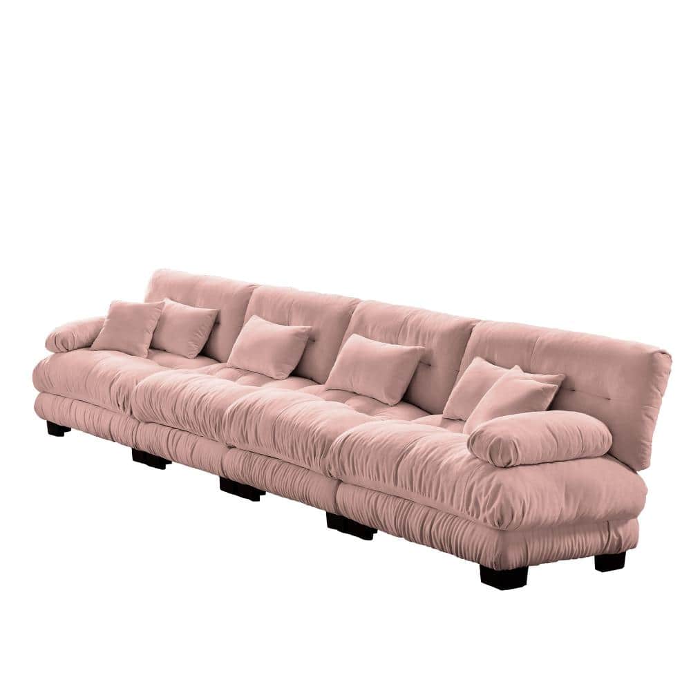4-Seater Sectional Sofa 80 in. Round Bolster 4-piece Chenille Modular Deep Seat with Pillows Sectional Sofa in Pink