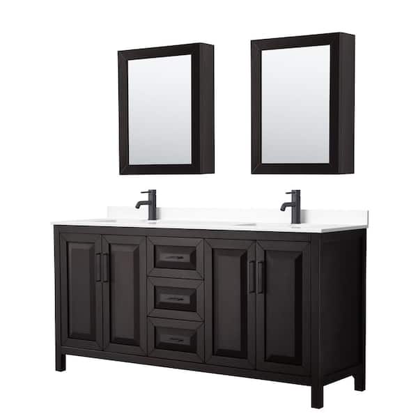 Wyndham Collection Daria 72 in. W x 22 in. D x 35.75 in. H Double Bath Vanity in Dark Espresso with White Cultured Marble Top , MC Mirrors