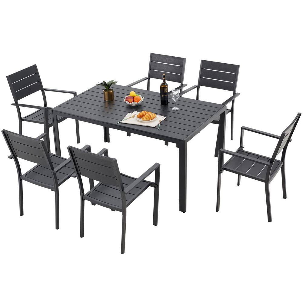 Black 7-Piece Aluminum Rectangular Table Outdoor Patio Dining Set