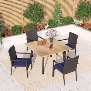 Black 5-Piece Metal Patio Outdoor Dining Set with Wood-Look Square Table and Rattan Steel Haiti Chairs with Blue Cushion