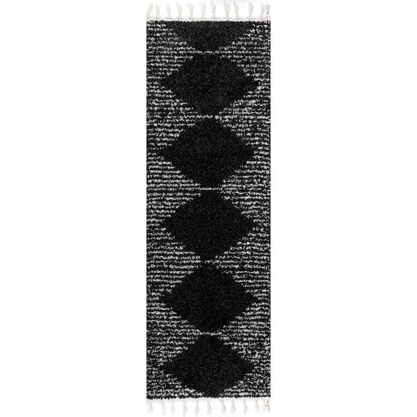 Bria Moroccan Shag Tasseled Area Black 3 ft. x 10 ft. Indoor Runner Rug