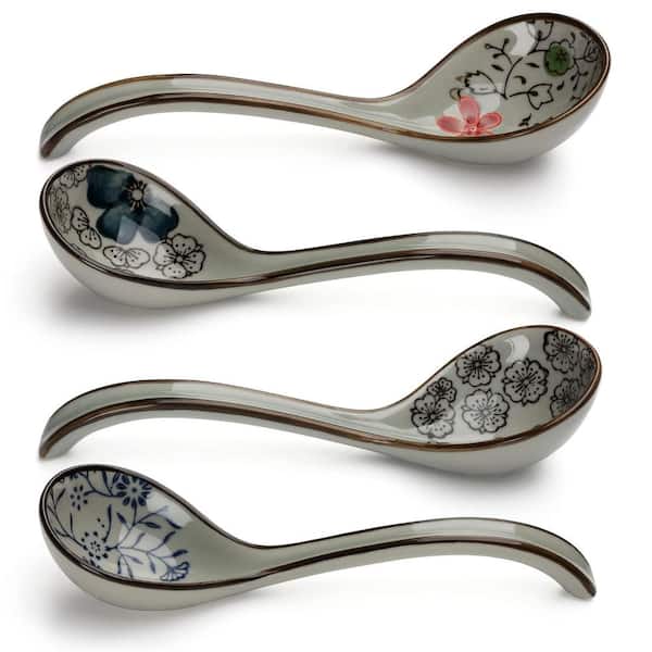Set of 4 Japanese Style Ceramic Soup Spoons with Long Handles for Pho Ramen Noodles and Dumplings