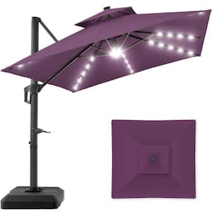 10 ft. Solar LED 2-Tier Square Cantilever Patio Umbrella with Base Included in Amethyst Purple