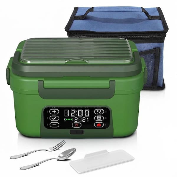 Green Reusable Lunch Bag Electric Heated XL 6.3 Cups Self-Heating Food Warmer with Timer Leakproof Divider
