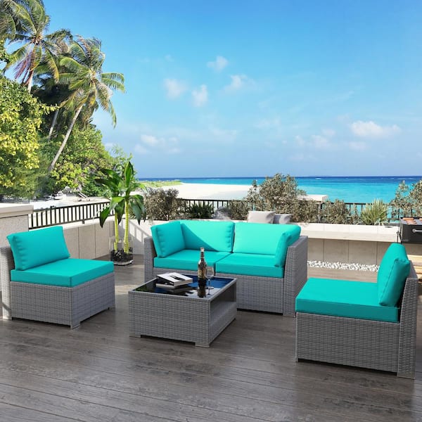 Gardenbee 5-Piece Wicker Outdoor Patio Sectional Sofa Conversation Set with Coffee Table and Turquoise Cushions