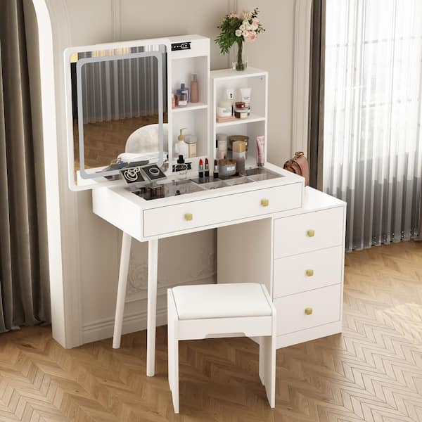 Vanity Set with LED Lighted Mirror Makeup Dressing Table Dresser Desk w/  Stool