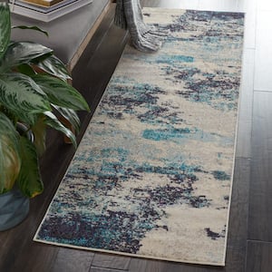 Celestial Ivory/Teal Blue 2 ft. x 6 ft. Abstract Modern Kitchen Runner Area Rug