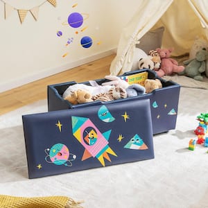 Navy 29.5 in. Kids Upholstered Storage Ottoman Bedroom Bench Versatile Toy Chest Footrest Stool with Lid
