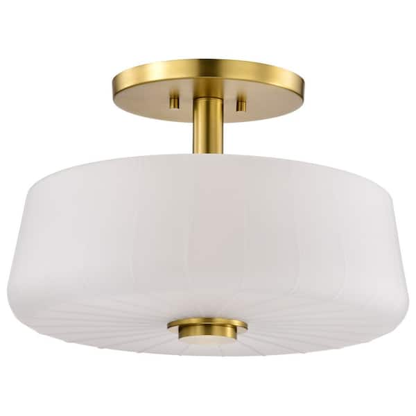 Lune 16 in. 3-Light Vintage Brass Traditional Semi-Flush Mount with Etched White Glass Shade