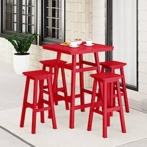 Laguna 5-Piece Fade Resistant HDPE Plastic Outdoor Patio Square Bar Height Pub Set, Matching Barstools in Red