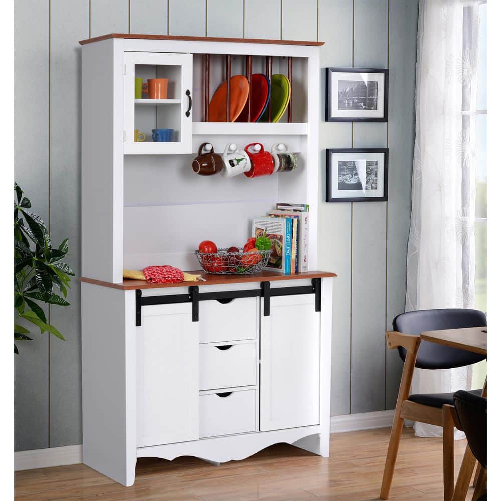White and Pine Country Barn Door China Cabinet