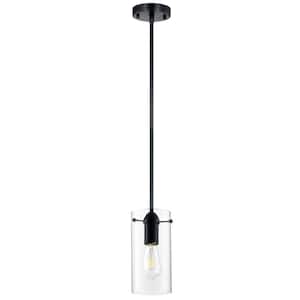 1-Light Matte Black Modern Pendant with Clear Cylinder Glass Shade