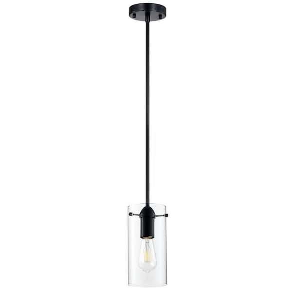 1-Light Matte Black Modern Pendant with Clear Cylinder Glass Shade