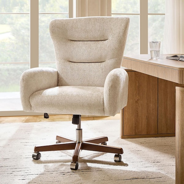 Madeline Polyester Swivel Modern Office Chair in Oatmeal with Curved Armrests