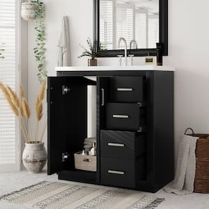 Ami 30 in. W x 18 in. D x 34 in. H Single Sink Freestanding Bath Vanity in Black With White Resin Top (3-Drawers)