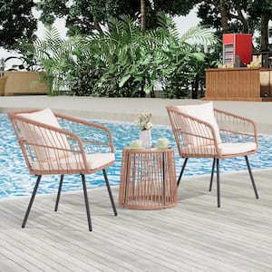 Beige 3-Piece Wicker Hand-Woven Outdoor Bistro Set with White Cushion and Pillow, Glass Top Table for Balcony Poolside