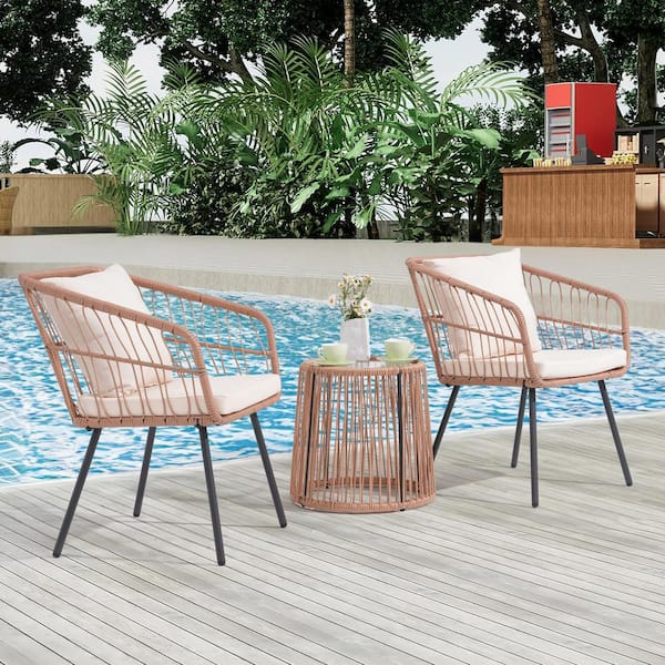 Beige 3-Piece Wicker Hand-Woven Outdoor Bistro Set with White Cushion and Pillow, Glass Top Table for Balcony Poolside