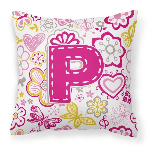 Caroline's Treasures 14 in. x 14 in. Multi-Color Lumbar Outdoor Throw Pillow Letter P Flowers and Butterflies Pink Canvas