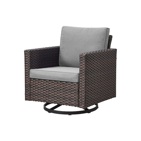Brown Swivel Wicker Outdoor Lounge Chair with Gray Cushions