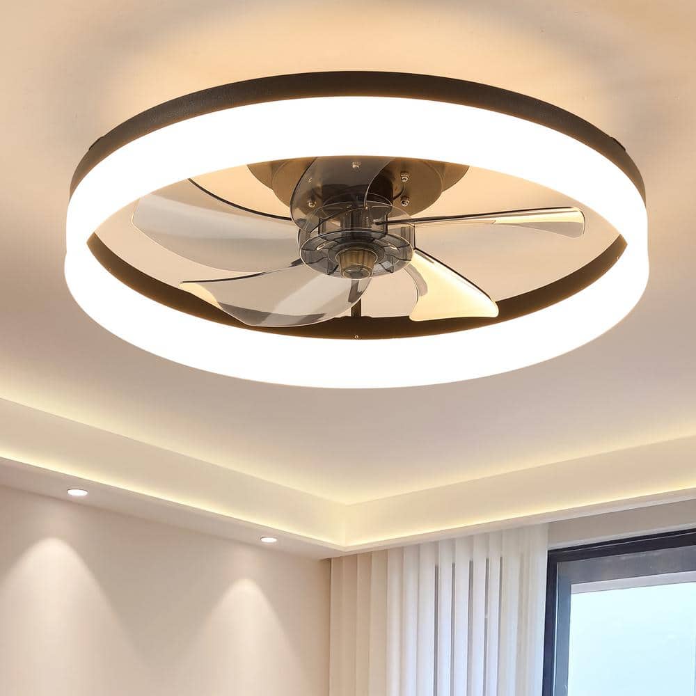 Modern Black Flush Mount Ceiling Fan with LED Light and Remote Control