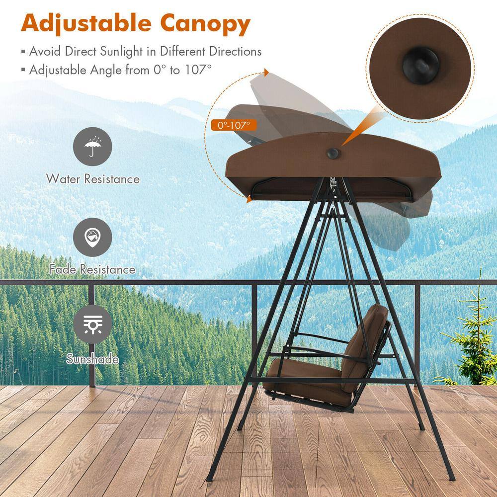 Brown Steel 3-Person Outdoor Swing with Adjustable Canopy