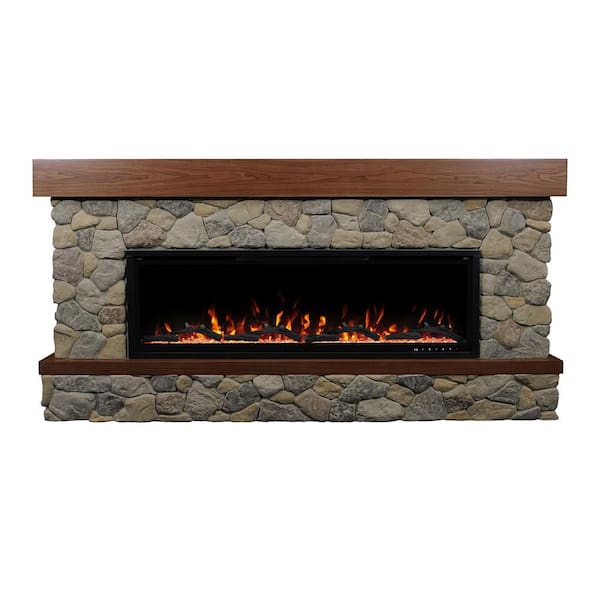 Brookstone 74 in. Freestanding River Rock Electric Fireplace Mantel Package with Wi-Fi Enabled 50 in. Firebox Heater