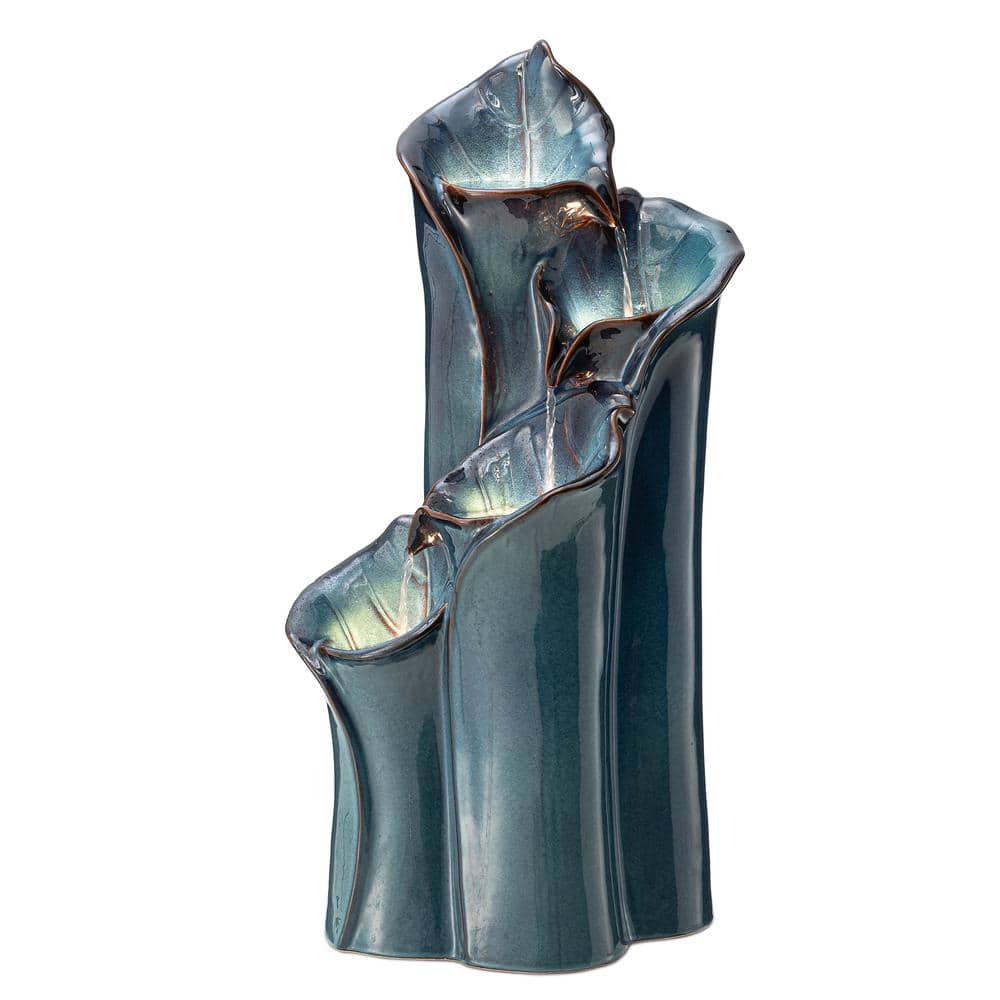 31.25 in. H Outdoor 4-Tiered Turquoise Lotus Leaf Textured Ceramic Vase Water Floor Fountain with Pump and LED Light price history on PriceWatchPro
