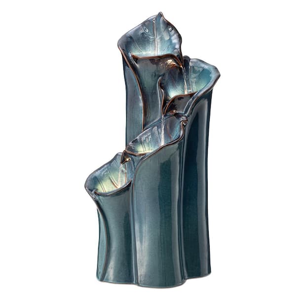 Glitzhome 31.25 in. H Outdoor 4-Tiered Turquoise Lotus Leaf Textured Ceramic Vase Water Floor Fountain with Pump and LED Light