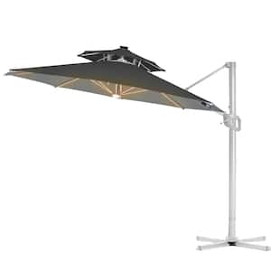12 ft. 2 Tiers Aluminum Patio Offset Umbrella Cantilever Umbrella, Center light and Strip Lights in Dark Grey