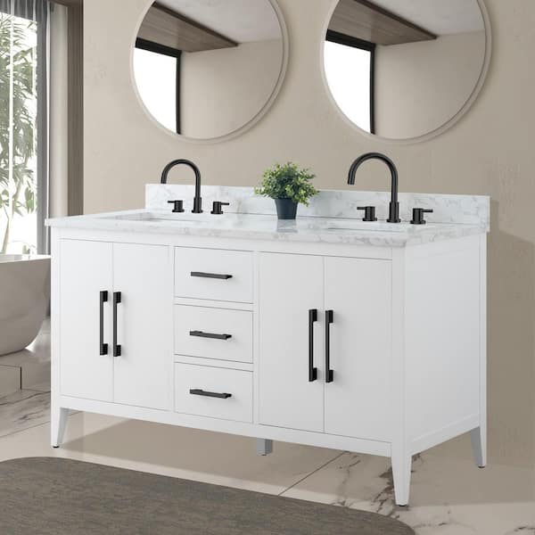60 in. W x 22 in. D x 38 in. H Double Sink Bathroom Vanity Cabinet in White with Engineered Marble Top in White