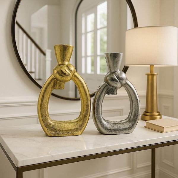 Gold And Silver 12 in. x 2.5 in. Aluminum Metal Bow Tie Vase Set