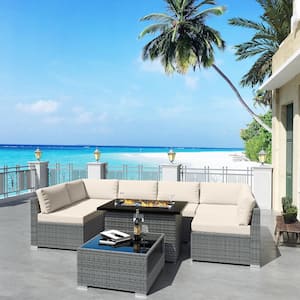 8-Piece Wicker Outdoor Patio Sectional Conversation Set with Beige Cushions and Fire Pit Table