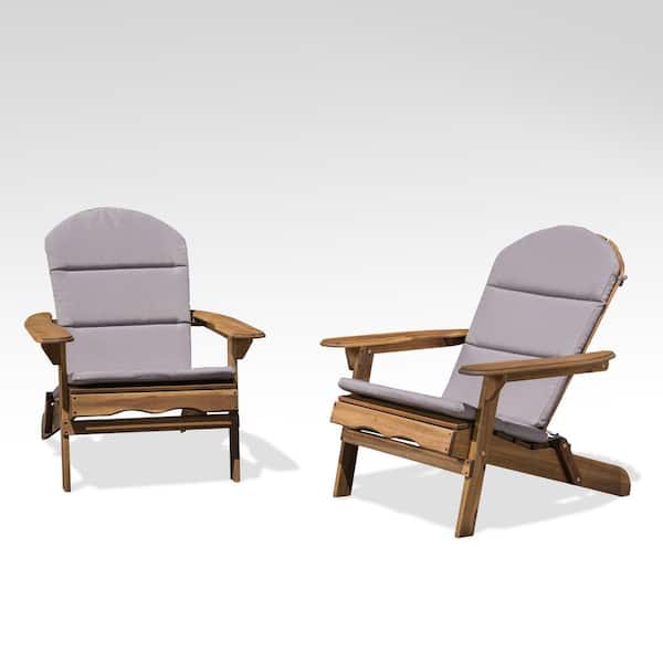 Noble House Malibu Natural Brown Folding Wood Adirondack Chairs with Gray Cushions (2-Pack)