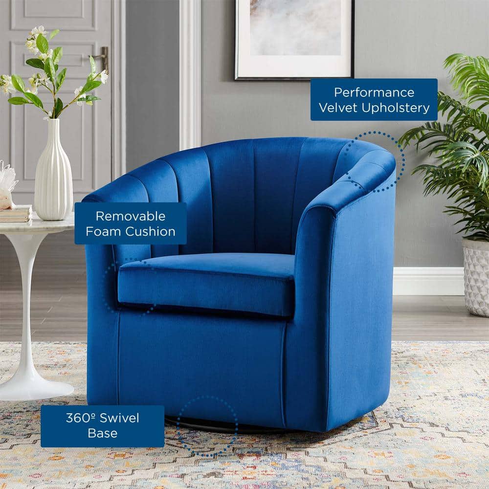 Navy Velvet Swivel Barrel Accent Chair with Wood Base