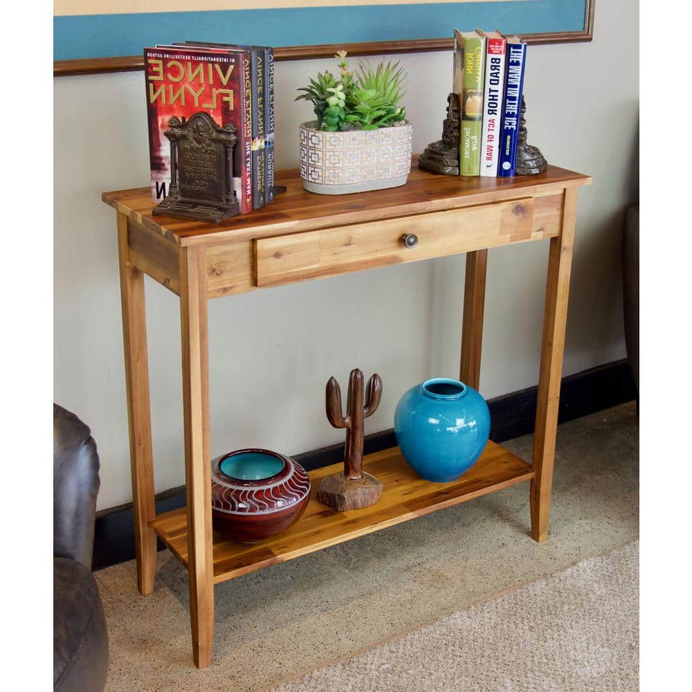 Natural Acacia Wood Console Table with Drawer and Shelf