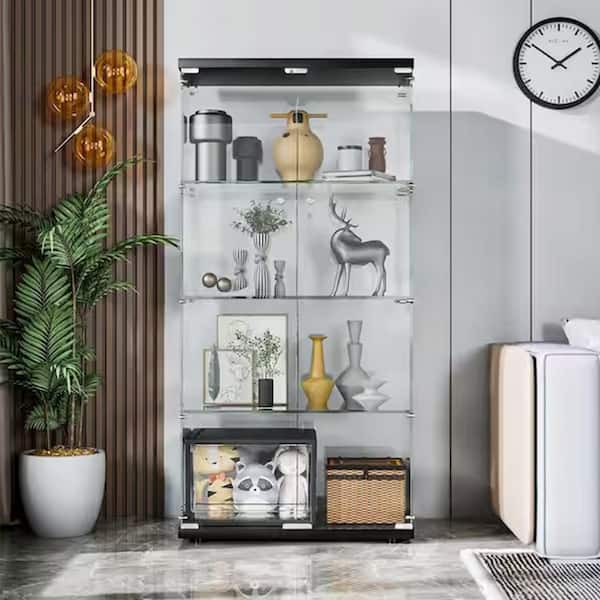 Black 2-Door Glass Display Cabinet with 4-Shelves with Door