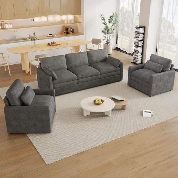 3-Piece Gray Chenille Upholstered Living Room Set with Double Cushions Design