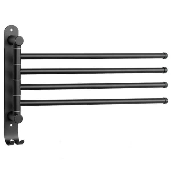 14.7 in. Stainless Steel Wall Mounted 4-Arm Towel Bar in Matte Black, Swivel Towel Rack with Hook
