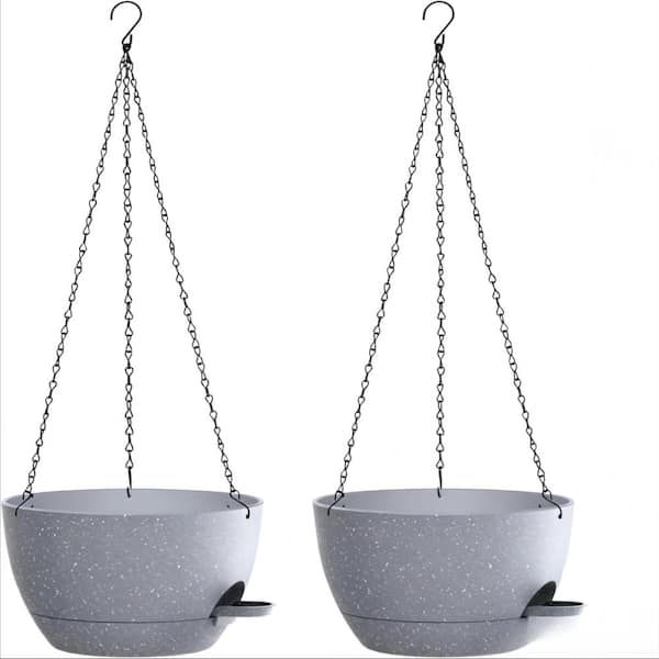 12 Inch Hanging Planters 2 Pack with Chains, Self Watering Plastic Flower Pots for Indoor Outdoor Plants, Speckled Grey