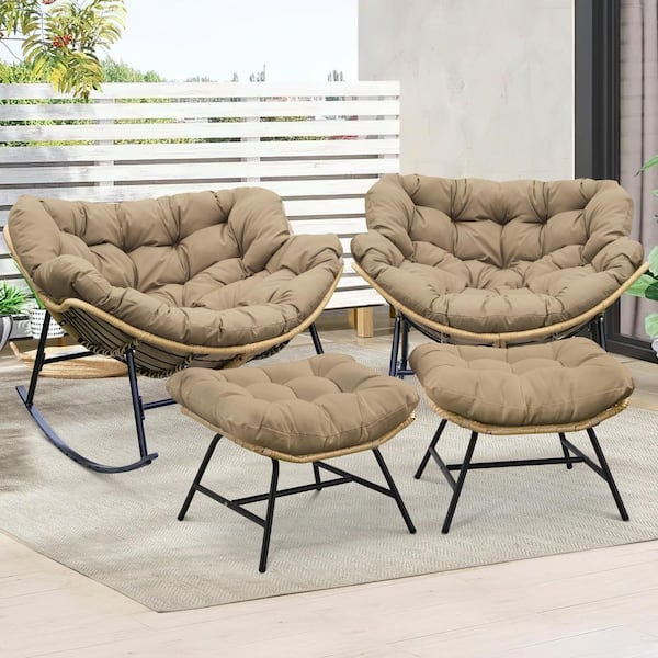 FINCATI Oversized Brown PE Wicker Outdoor Rocking Chair with Brown Cushion and Ottoman (2 Pieces)
