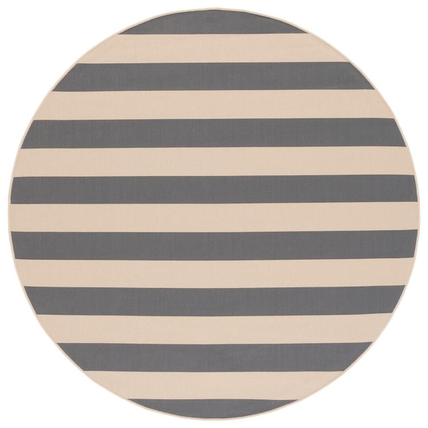 Courtyard Beige/Gray 7 ft. Round Awning Stripe Indoor/Outdoor Area Rug