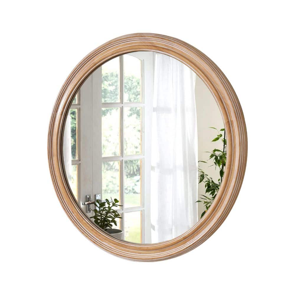 Natural Wood 27.56 in W x 27.56 in. H Round Wood Framed Decorative Wall Mirror with Ribbed Detail price history on PriceWatchPro