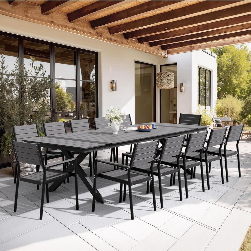 Dark Gray 13-Piece 118 in. Aluminum Wood-Like Rectangular Outdoor Dining Set with Stackable Arm-Chairs, Umbrella Hole price history on PriceWatchPro