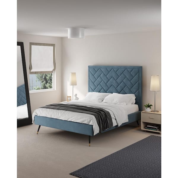 Manhattan Comfort Crosby Modern Blue Velvet Upholstered Wood Frame Queen Platform Bed