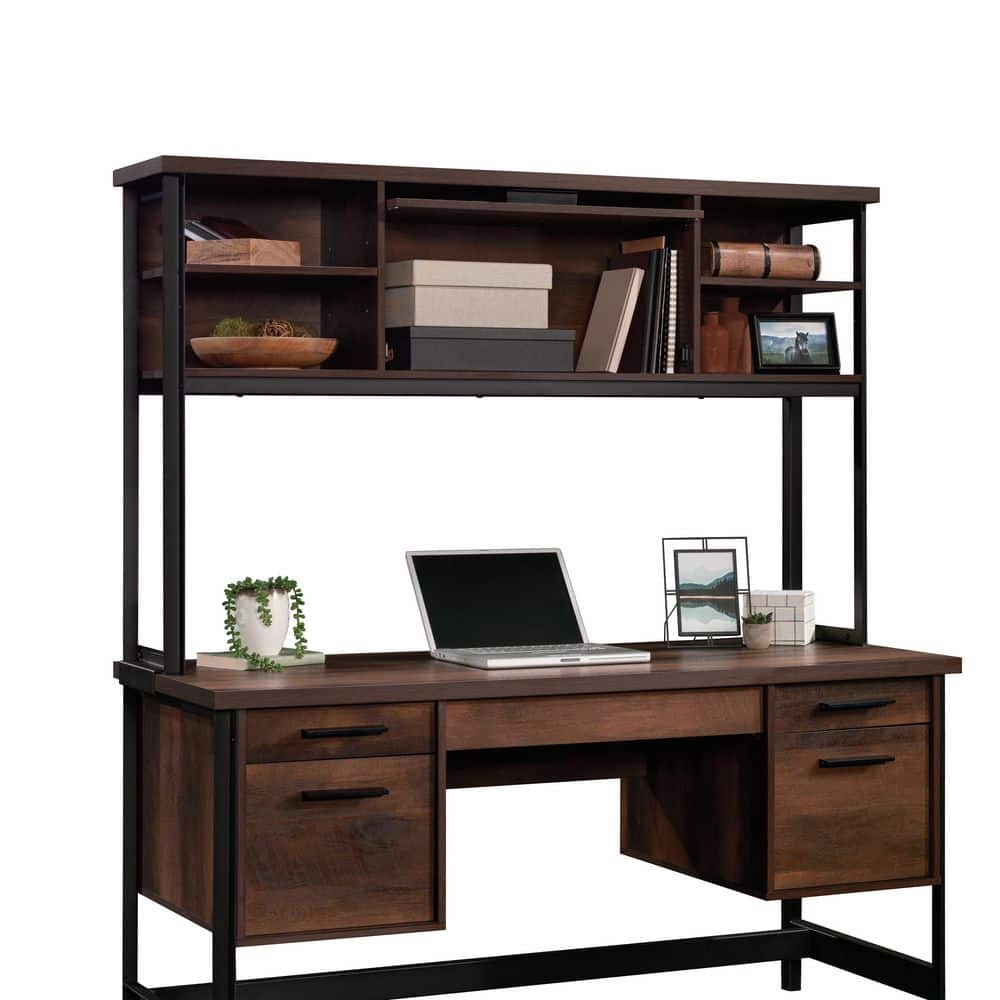 Barrel Oak and Black Metal Computer Desk Hutch with Shelves