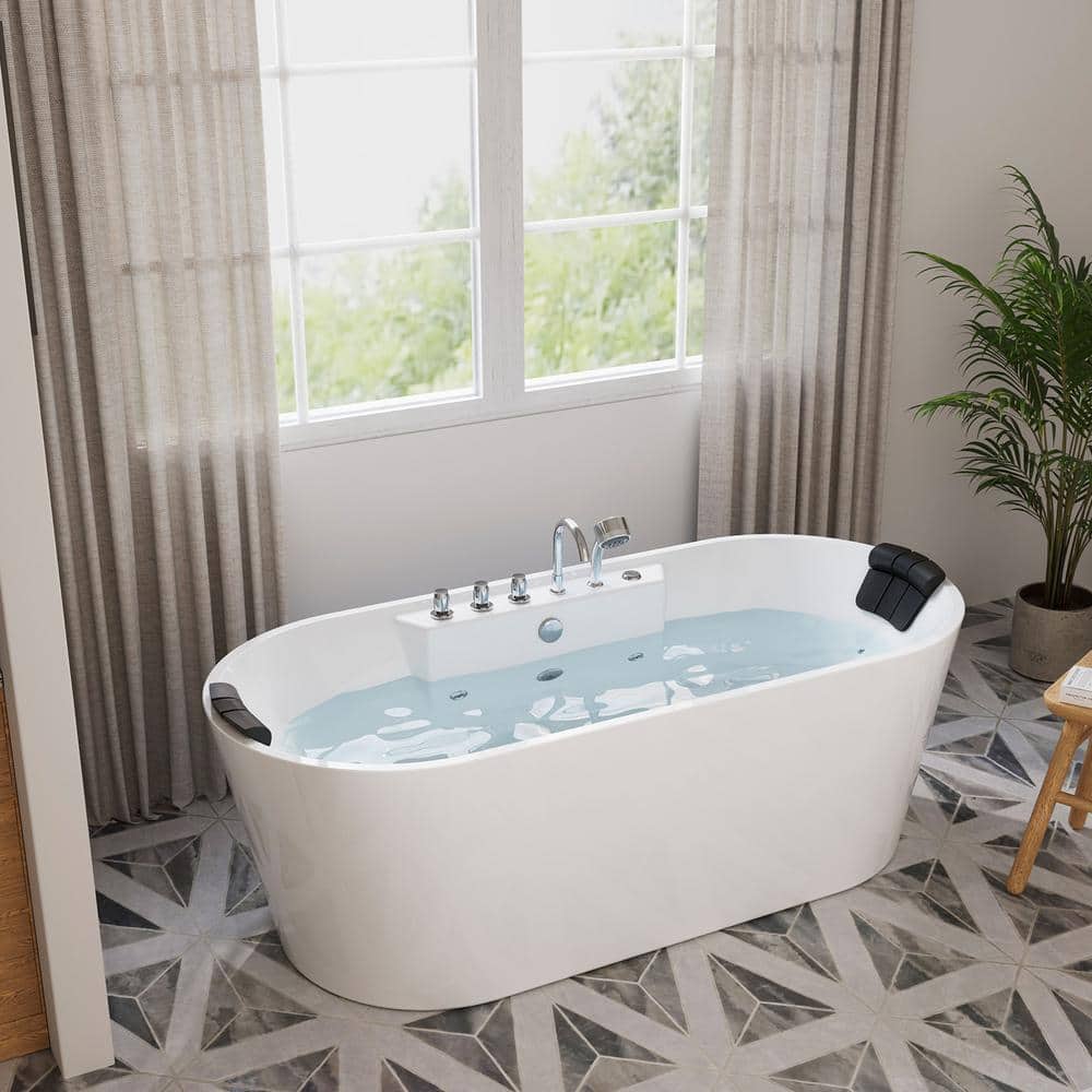 67'' White Acrylic Freestanding Whirlpool Bathtub with Faucet